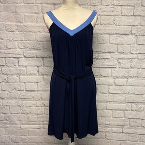 Banana Republic Factory Navy Blue Dress with Light Blue Trim and Tie Belt Sz M